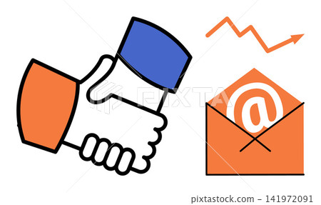 Handshake with an email envelope and growth chart vector illustration. Business partnership, digital marketing, email communication, sales growth, professional networking, corporate success Handshake with an email envelope and growth chart vector illustration. Business partnership, digital marketing, email communication, sales growth, professional networking, corporate success 141972091