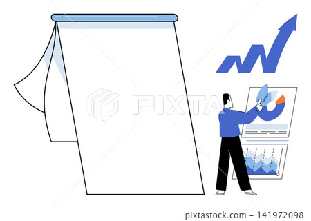 Man analyzing financial charts and growth trends vector illustration. Business development, market research, corporate strategy, performance tracking, data visualization, investment planning Man analyzing financial charts and growth trends vector illustration. Business development, market research, corporate strategy, performance tracking, data visualization, investment planning 141972098