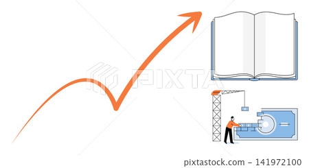 Business growth arrow, open book, and construction worker building a coin vector illustration. Success, development, knowledge, investment, finance, planning. Financial progress and learning Business growth arrow, open book, and construction worker building a coin vector illustration. Success, development, knowledge, investment, finance, planning. Financial progress and learning 141972100