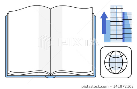 Open book with a rising building graph and a world globe icon vector illustration. Education, business growth, global economy, knowledge, development, international trade. Reading material Open book with a rising building graph and a world globe icon vector illustration. Education, business growth, global economy, knowledge, development, international trade. Reading material 141972102