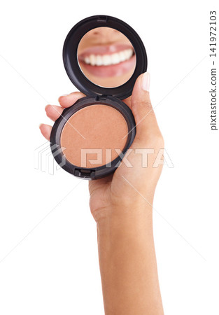 Studio, mirror and girl with reflection of lips with cosmetics, blush palette and makeup by mockup. Female model, beauty or pride for self care by white background, smile and smooth or shine results Studio, mirror and girl with reflection of lips with cosmetics, blush palette and makeup by mockup. Female model, beauty or pride for self care by white background, smile and smooth or shine results 141972103