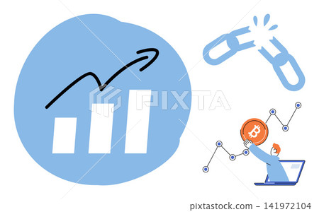 Financial growth chart, broken chain, and person with bitcoin vector illustration. Market recovery, investment success, digital currency, breaking free, economic progress, crypto trading. Rising Financial growth chart, broken chain, and person with bitcoin vector illustration. Market recovery, investment success, digital currency, breaking free, economic progress, crypto trading. Rising 141972104