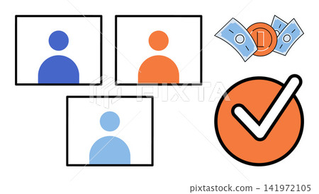 Video conference frames with currency and checkmark vector illustration. Online collaboration, financial transaction, project approval, remote communication, digital payment, business success Video conference frames with currency and checkmark vector illustration. Online collaboration, financial transaction, project approval, remote communication, digital payment, business success 141972105