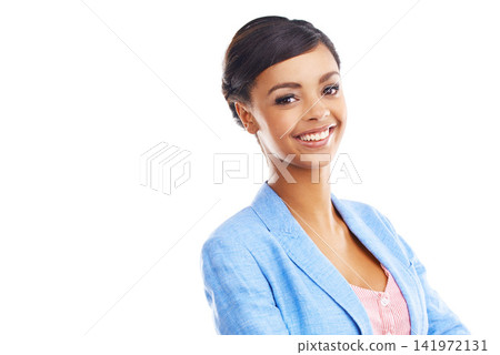 Girl, fashion and studio portrait with space, mock up and smile with confidence by white background. Woman, Indian person and model with trendy blue jacket, happy and clothes with promotion in Mumbai 141972131