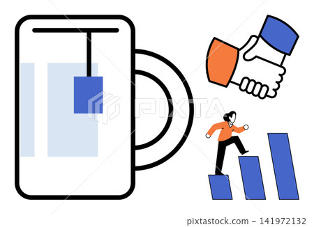 Tea cup, handshake, and person climbing growth chart vector illustration. Productivity, teamwork, career development, office break, professional collaboration, corporate goals. Coffee mug, greeting Tea cup, handshake, and person climbing growth chart vector illustration. Productivity, teamwork, career development, office break, professional collaboration, corporate goals. Coffee mug, greeting 141972132