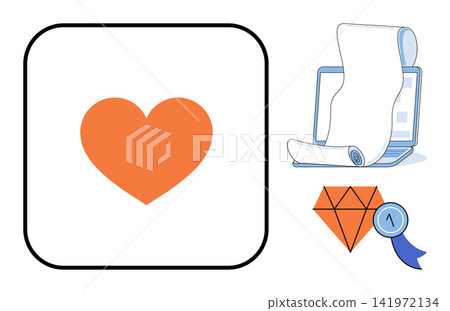 Heart icon laptop with document scroll and diamond award vector illustration. User interface, web design, digital assets, business achievement, data management, loyalty program. Web symbols Heart icon laptop with document scroll and diamond award vector illustration. User interface, web design, digital assets, business achievement, data management, loyalty program. Web symbols 141972134