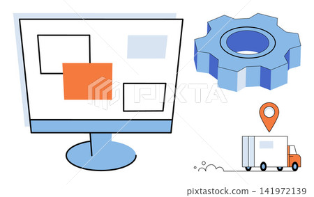 Computer screen with gear icon and delivery truck vector illustration. Supply chain, logistics, software management, shipping, technology, business operations. Monitor display with cogwheel Computer screen with gear icon and delivery truck vector illustration. Supply chain, logistics, software management, shipping, technology, business operations. Monitor display with cogwheel 141972139