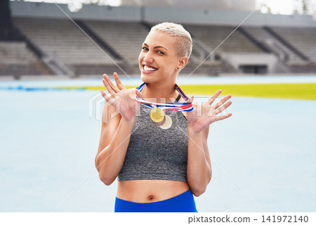 Sports, stadium and portrait of woman with medal for winning, achievement and victory in Paris. Fitness, athlete and person with gold award at competition for exercise, success and champion in race Sports, stadium and portrait of woman with medal for winning, achievement and victory in Paris. Fitness, athlete and person with gold award at competition for exercise, success and champion in race 141972140