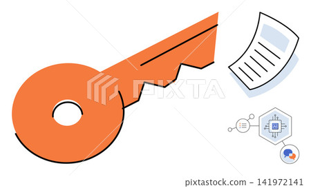 Orange key with a document and digital chip icon vector illustration. Business strategy, data security, information access, technology solution, digital transformation, knowledge management. Unlock Orange key with a document and digital chip icon vector illustration. Business strategy, data security, information access, technology solution, digital transformation, knowledge management. Unlock 141972141