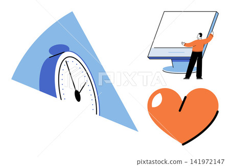 Clock monitor and heart shape vector illustration. Productivity, digital wellness, work life balance, health tracking, time management, technology. Chronometer screen and love symbol icon Clock monitor and heart shape vector illustration. Productivity, digital wellness, work life balance, health tracking, time management, technology. Chronometer screen and love symbol icon 141972147