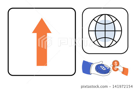 Orange arrow, globe icon, and crypto transaction vector illustration. Finance, global trade, digital currency, investment, market growth, online banking. Upward trend, world sphere, money transfer Orange arrow, globe icon, and crypto transaction vector illustration. Finance, global trade, digital currency, investment, market growth, online banking. Upward trend, world sphere, money transfer 141972154