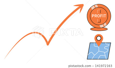 Rising arrow chart with profit coin and map location pin vector illustration. Financial success, investment strategy, market expansion, business growth, global trade, economic development. Increasing Rising arrow chart with profit coin and map location pin vector illustration. Financial success, investment strategy, market expansion, business growth, global trade, economic development. Increasing 141972163