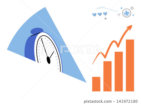 Clock inside a triangle and rising bar chart vector illustration. Productivity, efficiency, business growth, financial success, time management, performance. Chronometer with upward graph Clock inside a triangle and rising bar chart vector illustration. Productivity, efficiency, business growth, financial success, time management, performance. Chronometer with upward graph 141972180