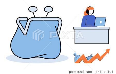 Purse, customer service agent, and growth chart vector illustration. Business finance, banking services, remote support, investment growth, money management, economic success. Wallet, operator Purse, customer service agent, and growth chart vector illustration. Business finance, banking services, remote support, investment growth, money management, economic success. Wallet, operator 141972191