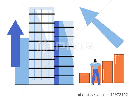 Businessman looking at a growing bar chart next to skyscrapers and rising arrows vector illustration. Investment, corporate success, urban development, financial progress, market expansion, profit Businessman looking at a growing bar chart next to skyscrapers and rising arrows vector illustration. Investment, corporate success, urban development, financial progress, market expansion, profit 141972192