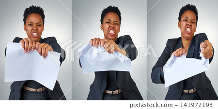 Collage, studio and anger in business with woman, paper work or documents with frustrated employee. Burnout, frustrated and rage for stressed manager, mental health with worker in corporate workspace Collage, studio and anger in business with woman, paper work or documents with frustrated employee. Burnout, frustrated and rage for stressed manager, mental health with worker in corporate workspace 141972193