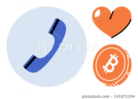 Telephone handset heart shape and bitcoin coin vector illustration. Finance, digital currency, romantic connection, customer support, online payment, global trade. Phone receiver love symbol 141972204