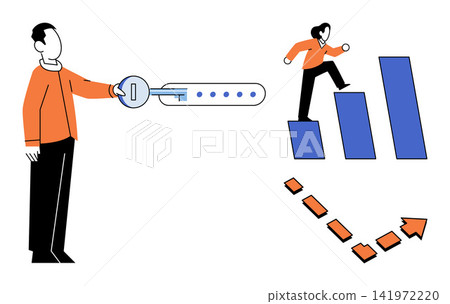 Man holding a key to unlock a password field while a woman climbs a growth chart vector illustration. Career advancement, business development, digital security, goal achievement, success, progress Man holding a key to unlock a password field while a woman climbs a growth chart vector illustration. Career advancement, business development, digital security, goal achievement, success, progress 141972220