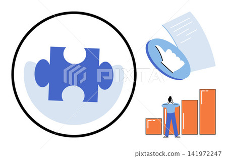Puzzle piece with growth chart and document vector illustration. Strategy, development, planning, success, management, analysis. Jigsaw element with data report and person looking at bars 141972247