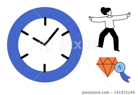 Clock with a person and diamond award vector illustration. Productivity, goal setting, time management, achievement, success, business planning. Watch with human figure and gem prize Clock with a person and diamond award vector illustration. Productivity, goal setting, time management, achievement, success, business planning. Watch with human figure and gem prize 141972249