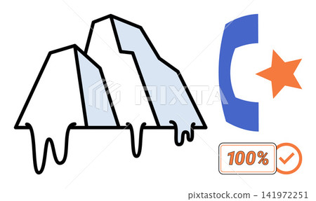 Melting iceberg with a phone icon and rating badge vector illustration. Climate change, global warming, environmental crisis, customer support, emergency assistance, service quality. Thawing glacier Melting iceberg with a phone icon and rating badge vector illustration. Climate change, global warming, environmental crisis, customer support, emergency assistance, service quality. Thawing glacier 141972251