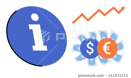 Information icon with rising growth graph and currency symbols vector illustration. Business, finance, economy, investment, profit, marketing. Info sign with money and upward trend Information icon with rising growth graph and currency symbols vector illustration. Business, finance, economy, investment, profit, marketing. Info sign with money and upward trend 141972253