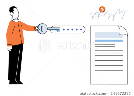 Man using a key to unlock a digital document vector illustration. Cybersecurity, data protection, information privacy, secure access, encryption, digital safety. Person opening file Man using a key to unlock a digital document vector illustration. Cybersecurity, data protection, information privacy, secure access, encryption, digital safety. Person opening file 141972255