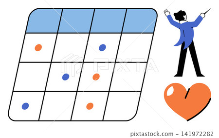 A conductor managing a data chart and a heart icon vector illustration. Planning, organization, management, strategy, leadership, emotional intelligence. Professional directing information flow A conductor managing a data chart and a heart icon vector illustration. Planning, organization, management, strategy, leadership, emotional intelligence. Professional directing information flow 141972282