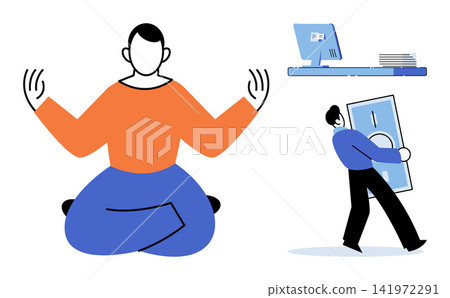 Person meditating and man carrying money vector illustration. Stress management, financial growth, career success, mindfulness, wealth, professional balance. Employee relaxing and earning income 141972291