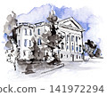 Hand-drawn watercolor illustration of a historic European building 141972294