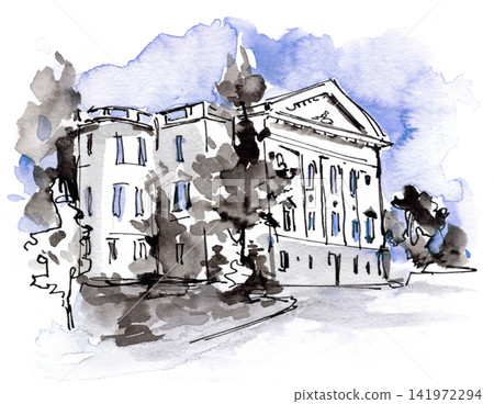 Hand-drawn watercolor illustration of a historic European building Hand-drawn watercolor illustration of a historic European building 141972294
