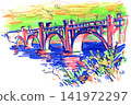Colorful hand-drawn illustration of a historic arched bridge over a river 141972297