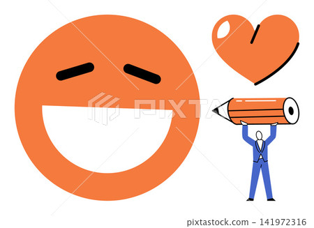 A happy emotion face with a heart and a person holding a pencil vector illustration. Creativity, communication, feedback, positive emotions, design, artistic expression. Smiling emoticon with love A happy emotion face with a heart and a person holding a pencil vector illustration. Creativity, communication, feedback, positive emotions, design, artistic expression. Smiling emoticon with love 141972316