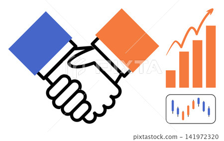 Two hands shaking with a rising bar graph and stock market chart vector illustration. Partnership, investment, profit, growth, cooperation, success. Agreement between business partners Two hands shaking with a rising bar graph and stock market chart vector illustration. Partnership, investment, profit, growth, cooperation, success. Agreement between business partners 141972320