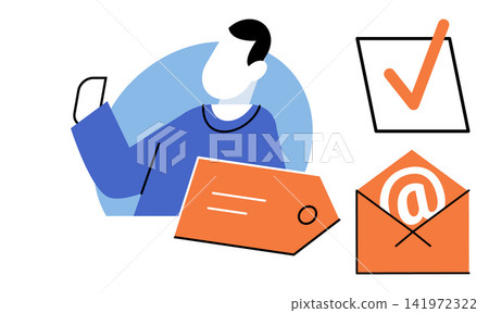 Person with email envelope and checkmark icon vector illustration. Digital marketing, email subscription, online communication, task completion, newsletter sign up, web notification. User Person with email envelope and checkmark icon vector illustration. Digital marketing, email subscription, online communication, task completion, newsletter sign up, web notification. User 141972322
