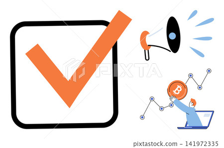 Checkmark symbol with megaphone and person holding bitcoin on growth chart vector illustration. Finance, marketing, investment, success, strategy, digital currency. Approved task icon Checkmark symbol with megaphone and person holding bitcoin on growth chart vector illustration. Finance, marketing, investment, success, strategy, digital currency. Approved task icon 141972335