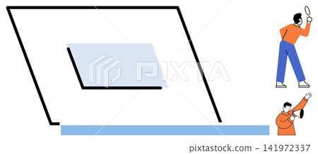 Laptop computer with people using a magnifying glass and megaphone vector illustration. Business strategy, online research, digital marketing, communication, advertising, promotion. Notebook screen Laptop computer with people using a magnifying glass and megaphone vector illustration. Business strategy, online research, digital marketing, communication, advertising, promotion. Notebook screen 141972337