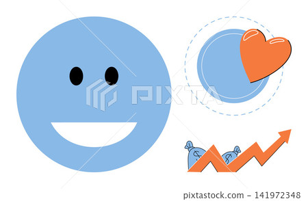 Happy face icon with heart symbol and financial growth chart vector illustration. Customer satisfaction, business success, positive feedback, revenue increase, marketing strategy, loyalty. Smiling Happy face icon with heart symbol and financial growth chart vector illustration. Customer satisfaction, business success, positive feedback, revenue increase, marketing strategy, loyalty. Smiling 141972348