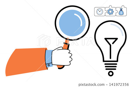 Hand holding a magnifying glass examining a light bulb vector illustration. Innovation, business strategy, problem solving, creative thinking, research, development. Person inspecting lamp Hand holding a magnifying glass examining a light bulb vector illustration. Innovation, business strategy, problem solving, creative thinking, research, development. Person inspecting lamp 141972356