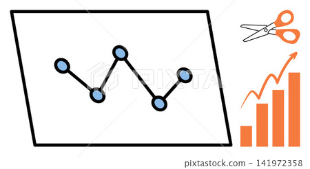 Line chart being cut by scissors next to a rising bar graph vector illustration. Efficiency, cost reduction, financial growth, business strategy, data analysis, performance improvement. Analytics Line chart being cut by scissors next to a rising bar graph vector illustration. Efficiency, cost reduction, financial growth, business strategy, data analysis, performance improvement. Analytics 141972358