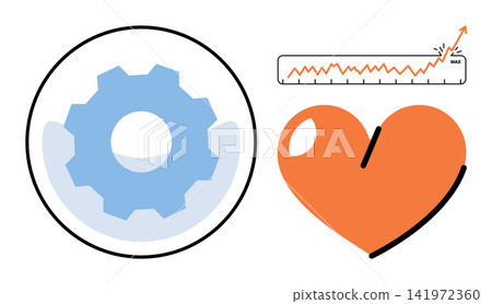 Gear cog and heart symbol with growth chart vector illustration. Cardiology, health monitoring, medical technology, wellness tracking, biological engineering, performance analysis. Mechanical heart Gear cog and heart symbol with growth chart vector illustration. Cardiology, health monitoring, medical technology, wellness tracking, biological engineering, performance analysis. Mechanical heart 141972360