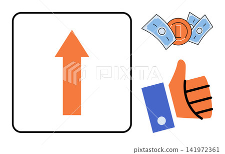 Upward arrow with money and thumbs up gesture vector illustration. Financial success, profit growth, positive feedback, investment, marketing strategy, business achievement. Rising sign with cash Upward arrow with money and thumbs up gesture vector illustration. Financial success, profit growth, positive feedback, investment, marketing strategy, business achievement. Rising sign with cash 141972361