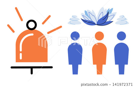 Notification bell icon next to a group of people with a lotus flower vector illustration. Mindfulness, meditation, community, wellness, mental health, relaxation. Alert symbol and team Notification bell icon next to a group of people with a lotus flower vector illustration. Mindfulness, meditation, community, wellness, mental health, relaxation. Alert symbol and team 141972371