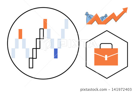 Financial growth and business strategy icons vector illustration. Investment, profit, market analysis, corporate success, economic development, portfolio management. Money bags and briefcase Financial growth and business strategy icons vector illustration. Investment, profit, market analysis, corporate success, economic development, portfolio management. Money bags and briefcase 141972403