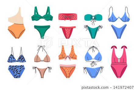 Bikini and beachwear collection. Colorful womens two piece swimsuits in varied styles and prints flat vector illustration set. Summer beach fashion isolated on white background Bikini and beachwear collection. Colorful womens two piece swimsuits in varied styles and prints flat vector illustration set. Summer beach fashion isolated on white background 141972407