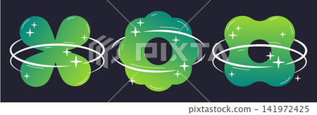Sparkling green bauhaus shapes. Abstract green botanical forms with orbital rings and star highlights flat vector illustration set. Decorative memphis organic symbols isolated on dark background Sparkling green bauhaus shapes. Abstract green botanical forms with orbital rings and star highlights flat vector illustration set. Decorative memphis organic symbols isolated on dark background 141972425