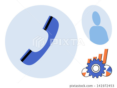 Telephone handset, user profile, and gear chart icons vector illustration. Customer support, business growth, data analysis, technical service, corporate management, workflow optimization. Phone Telephone handset, user profile, and gear chart icons vector illustration. Customer support, business growth, data analysis, technical service, corporate management, workflow optimization. Phone 141972453