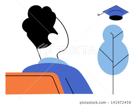 Student looking at a graduation cap and tree vector illustration. Academic achievement, future goals, career planning, personal growth, university success, learning development. Pupil observing 141972459