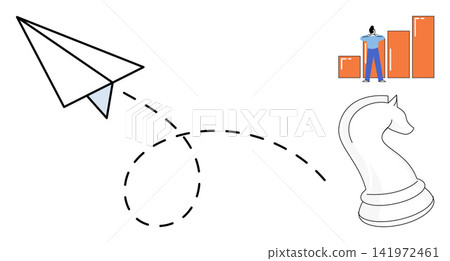 Paper plane flying towards a chess knight and growth bar chart vector illustration. Strategic planning, business development, goal achievement, success, leadership, vision. Origami aircraft moving to Paper plane flying towards a chess knight and growth bar chart vector illustration. Strategic planning, business development, goal achievement, success, leadership, vision. Origami aircraft moving to 141972461