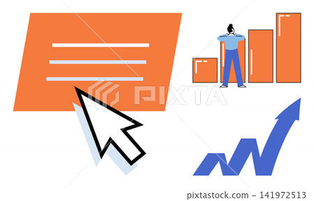Cursor clicking on a document and person analyzing bar charts vector illustration. Data analysis, financial growth, marketing strategy, digital progress, business planning, performance. Pointer Cursor clicking on a document and person analyzing bar charts vector illustration. Data analysis, financial growth, marketing strategy, digital progress, business planning, performance. Pointer 141972513